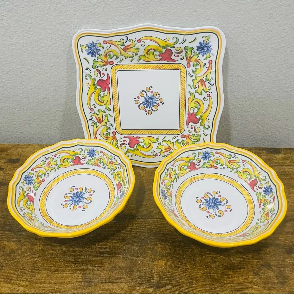 Sur La Table Floreal Melamine Dinnerware 2 Bowls & Single 9” Luncheon Plate